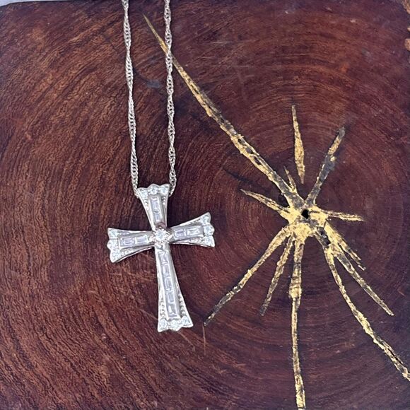 Sterling Cross Necklace with Cubic Zirconia Vintage Religious Jewelry Whimsigoth - Picture 1 of 8